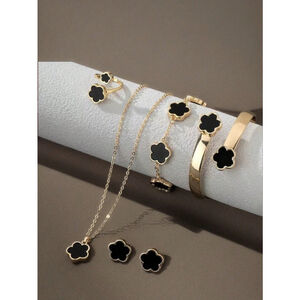 6Pc Gold Jewelry Set Necklace Bracelet Earrings Ring Lucky Flower for Girls..SH